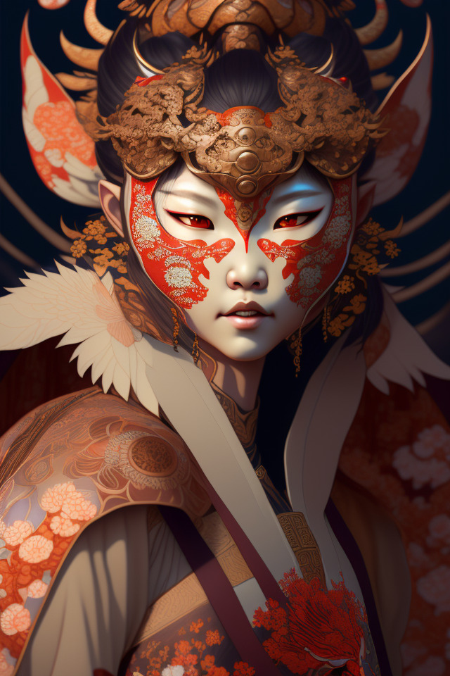 a photorealistic dramatic fantasy render of a beautiful woman wearing a beautiful intricately detailed japanese komainu kitsune mask and clasical japanese kimono by wlop, artgerm, greg rutkowski, .jpg