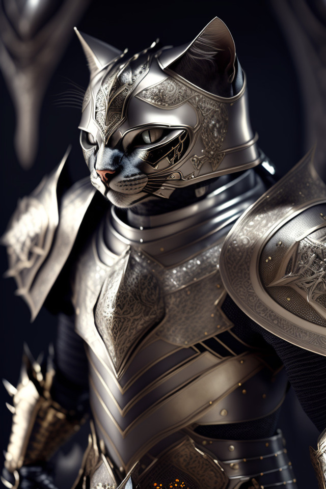 kneeling cat knight, portrait, finely detailed armor, intricate design, silver, silk, cinematic lighting, 4k.jpg