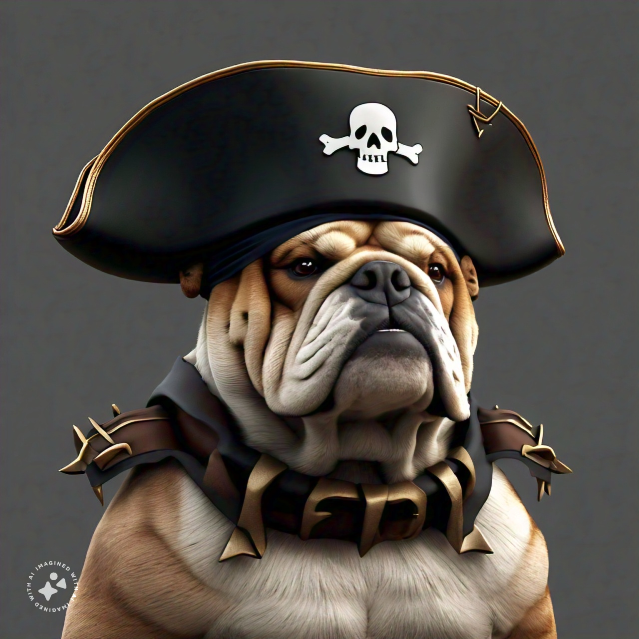 A bulldog wearing a black pirate hat.jpeg