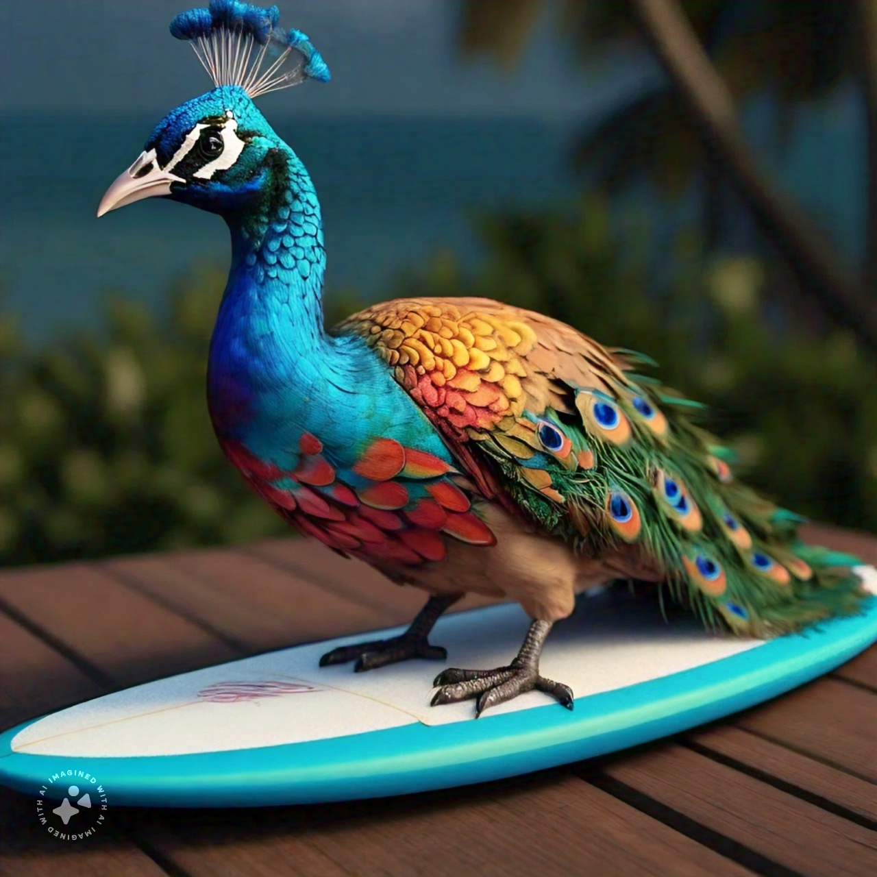 a DSLR photo of a peacock on a surfboard.jpeg