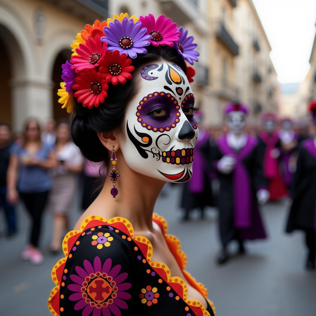 soulday style, woman at day of the dead festival with parade in the background.jpg