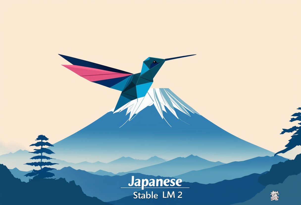 A beautiful anime-like hummingbird flying with the text "Japanese Stable LM 2" below it, with a lofi anime landscape of Mount Fuji forming the outline of the text "Japanese Stable LM 2"